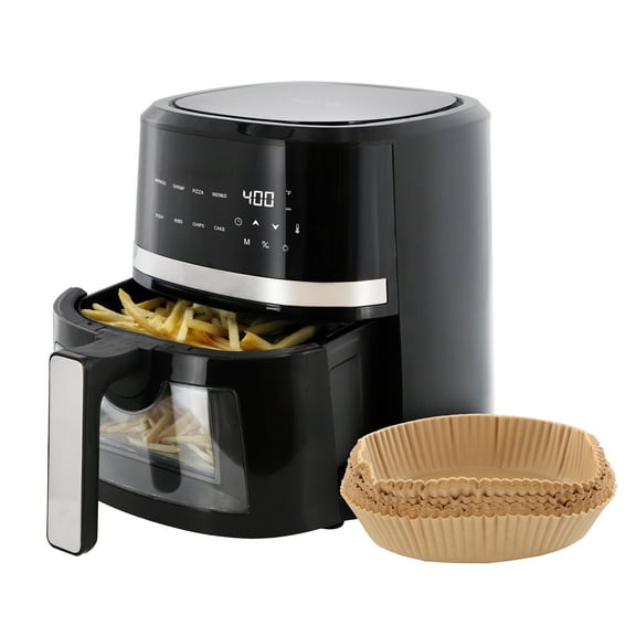 MegaChef 4 Quart Digital LED Display Electric Air Fryer with Transparent Window in Black with 125 Piece Paper Liners