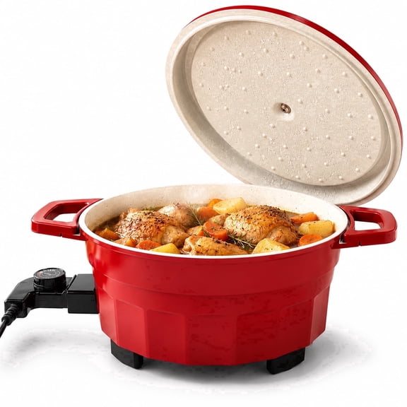 PRTYY Dutch Oven featuring dual temperature control handles, detachable temperature controller, non-slip base, with lid
