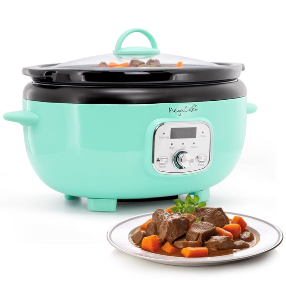 MegaChef 6.5 Quart Oval Electric Slow Cooker in Turquoise with Black Pot