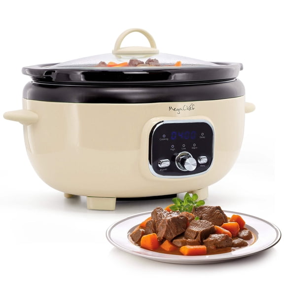 MegaChef 6.9 Quart Oval Electric Digital Slow Cooker in Cream with Black Pot