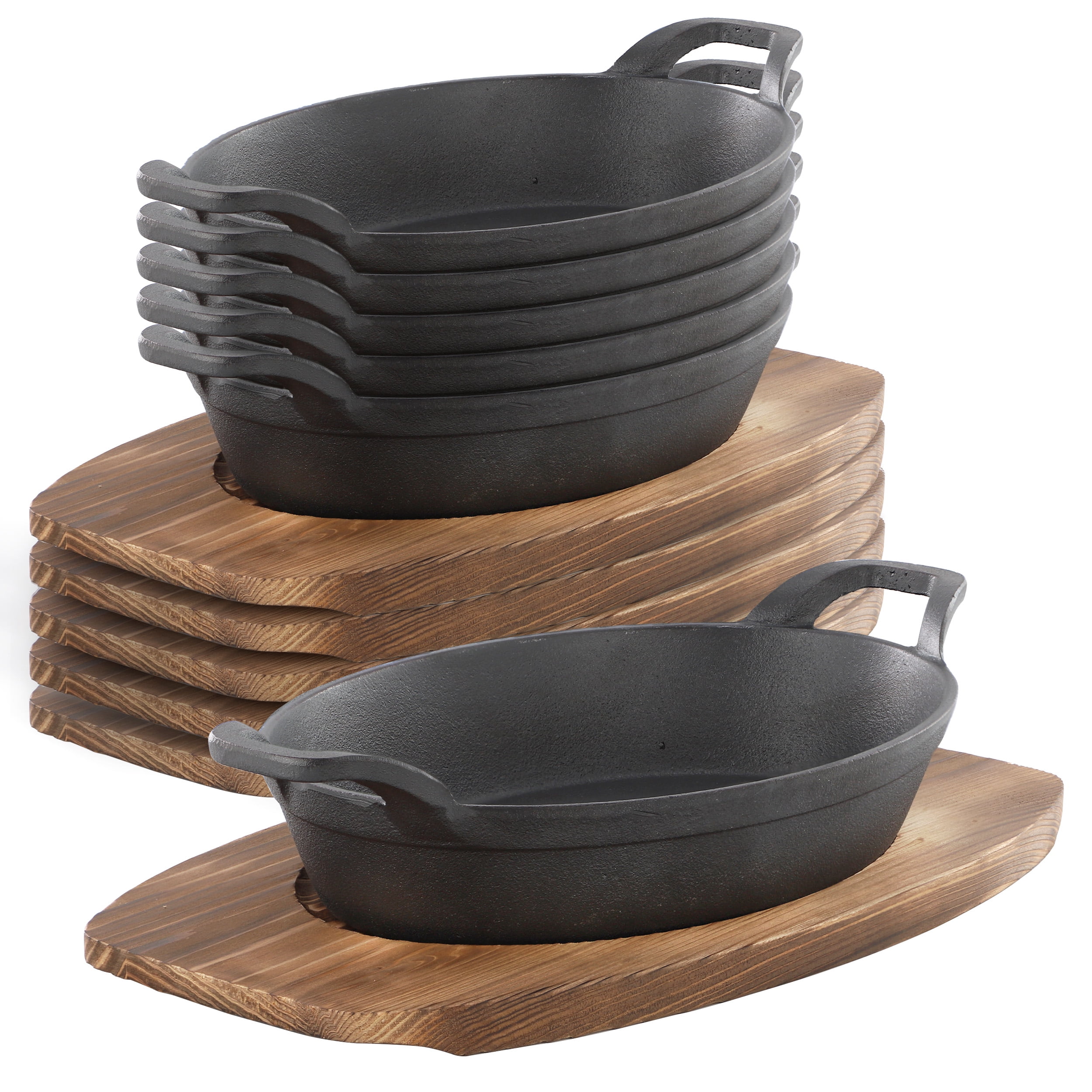 MegaChef 6 Piece Mini Cast Iron Oval Pan with Wood Tray Set