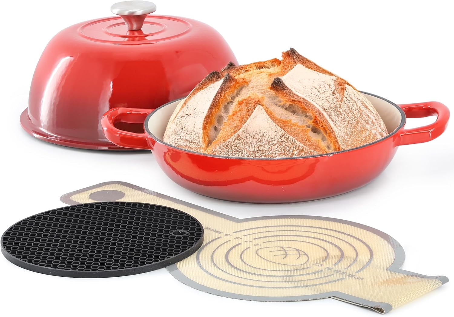MegaChef 6 Quart Enameled Cast Iron Bread Pot in Red with Baking Mat, Dutch Oven, Bread Oven for Homemade Bread (Red)