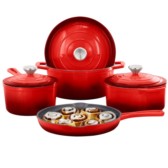 MegaChef 7 Piece Enameled Cast Iron Cookware Set in Red