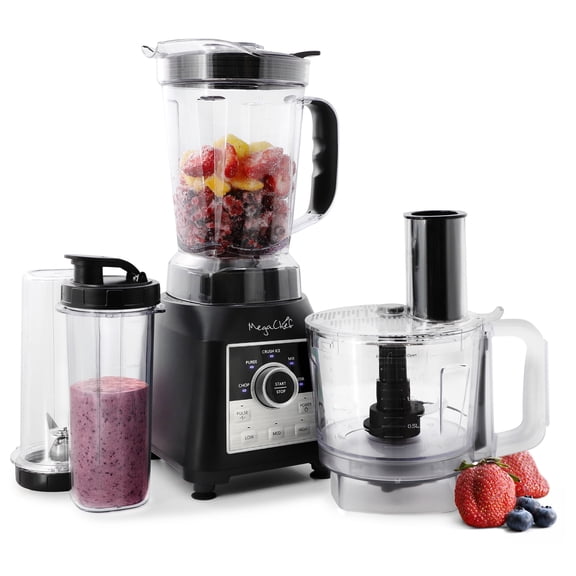 MegaChef 8 Cup Knob Panel Blender with 5 Cup Food Processor and Two 24 Ounce On-The-Go Cup Combo Set