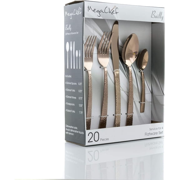 MegaChef Baily 20 Piece Flatware Utensil Set, Stainless Steel Silverware Metal Service for 4 in Rose Gold