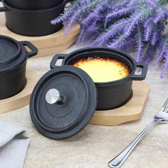 MegaChef Cast Iron 8 Ounce Mini Dutch Oven with Wood Tray, Cookware, Bakeware, Serveware (6 Piece)