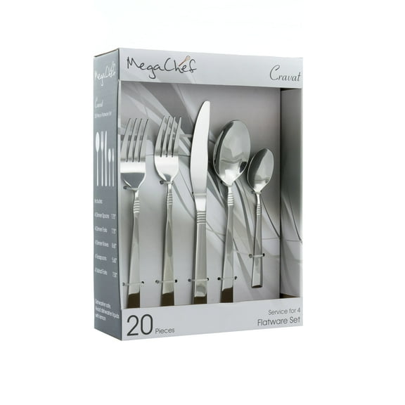MegaChef Cravat 20 Piece Flatware Utensil Set, Stainless Steel Silverware Metal