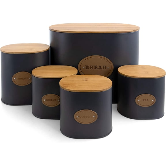 MegaChef Kitchen Food Storage and Organization 5 Piece Canister Set in Grey with Bamboo Lids