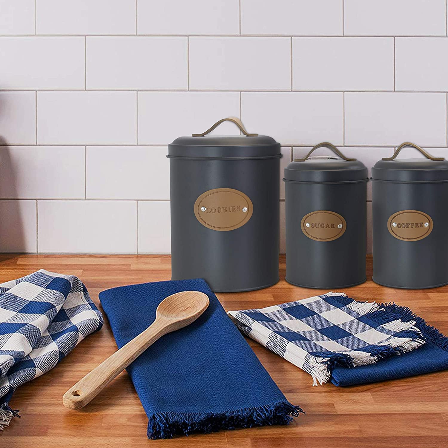 Gray Metal Kitchen Food Storage Canister Set with Labels