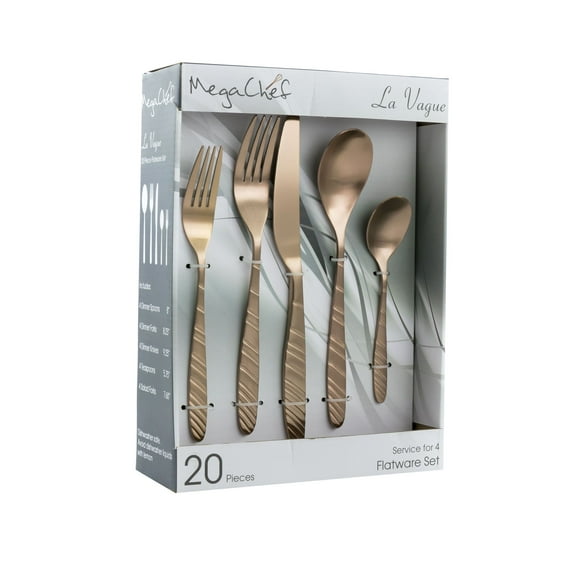 Megachef MCFW-LA VAGUE-MATTEROSEGOLD 20 Piece La Vague Flatware Utensil Set with Stainless Steel Silverware Metal Service, Matte Rose Gold