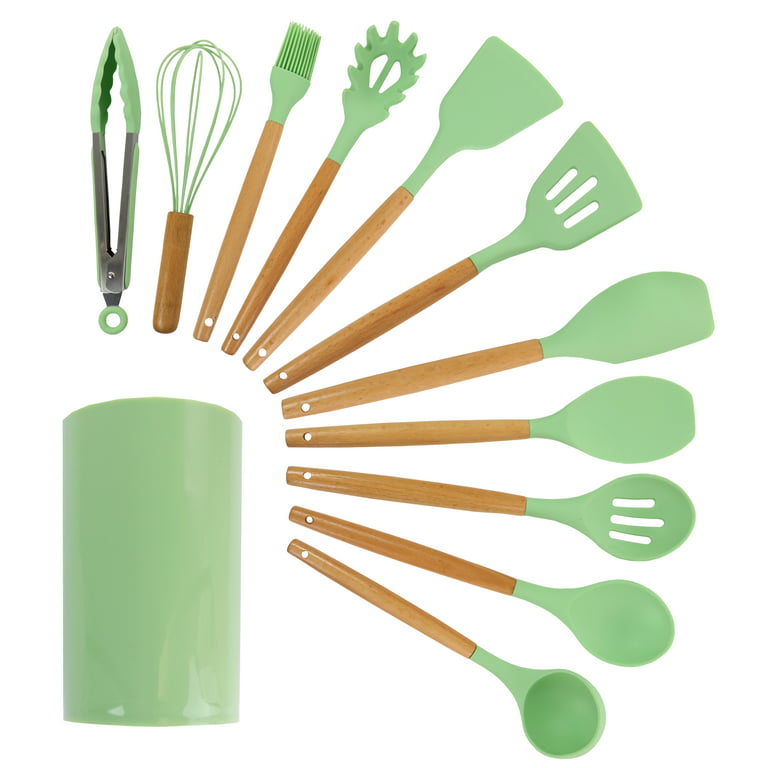 12-Piece Food Safe Silicone Kitchen Utensils with Wooden Handles - Green