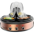 thumbnail image 1 of MegaChef Round Triple 1.5 Quart Slow Cooker and Buffet Server in Brushed Copper and Black Finish with 3 Ceramic Cooking Pots and Removable Lid Rests, 1 of 6