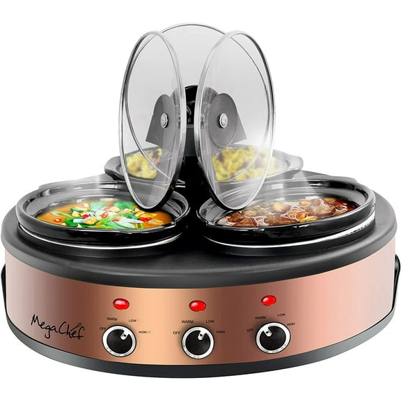 MegaChef Round Triple 1.5 Quart Slow Cooker and Buffet Server in Brushed Copper and Black Finish with 3 Ceramic Cooking Pots and Removable Lid Rests