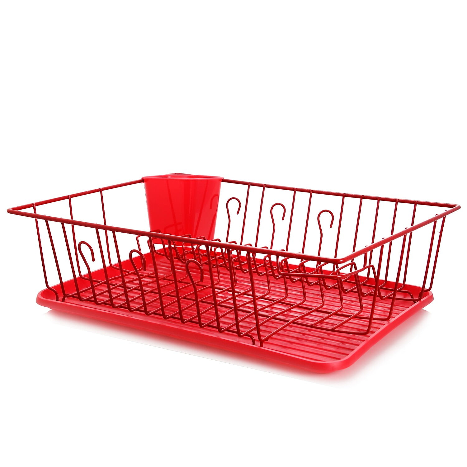 Red Metal Dish Rack with Utensil Cup and Plate Slots