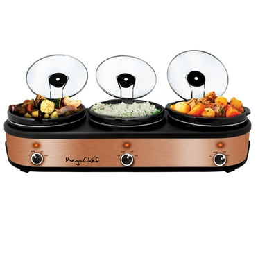 MegaChef Triple 2.5 Quart Slow Cooker and Buffet Server in Brushed Copper and Bl
