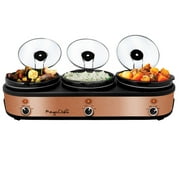 MegaChef Triple 2.5 Quart Slow Cooker and Buffet Server in Brushed Copper and Black Finish with 3 Ceramic Cooking Pots and Removable Lid Rests