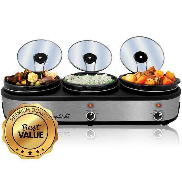 MegaChef Triple 2.5 Quart Slow Cooker and Buffet Server in Brushed