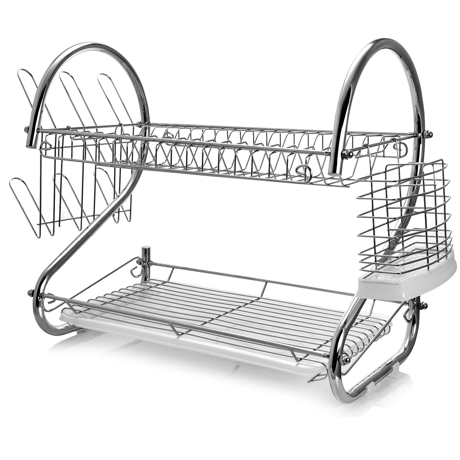 Chrome Two-Tier Metal Dish Rack with Utensil Holder