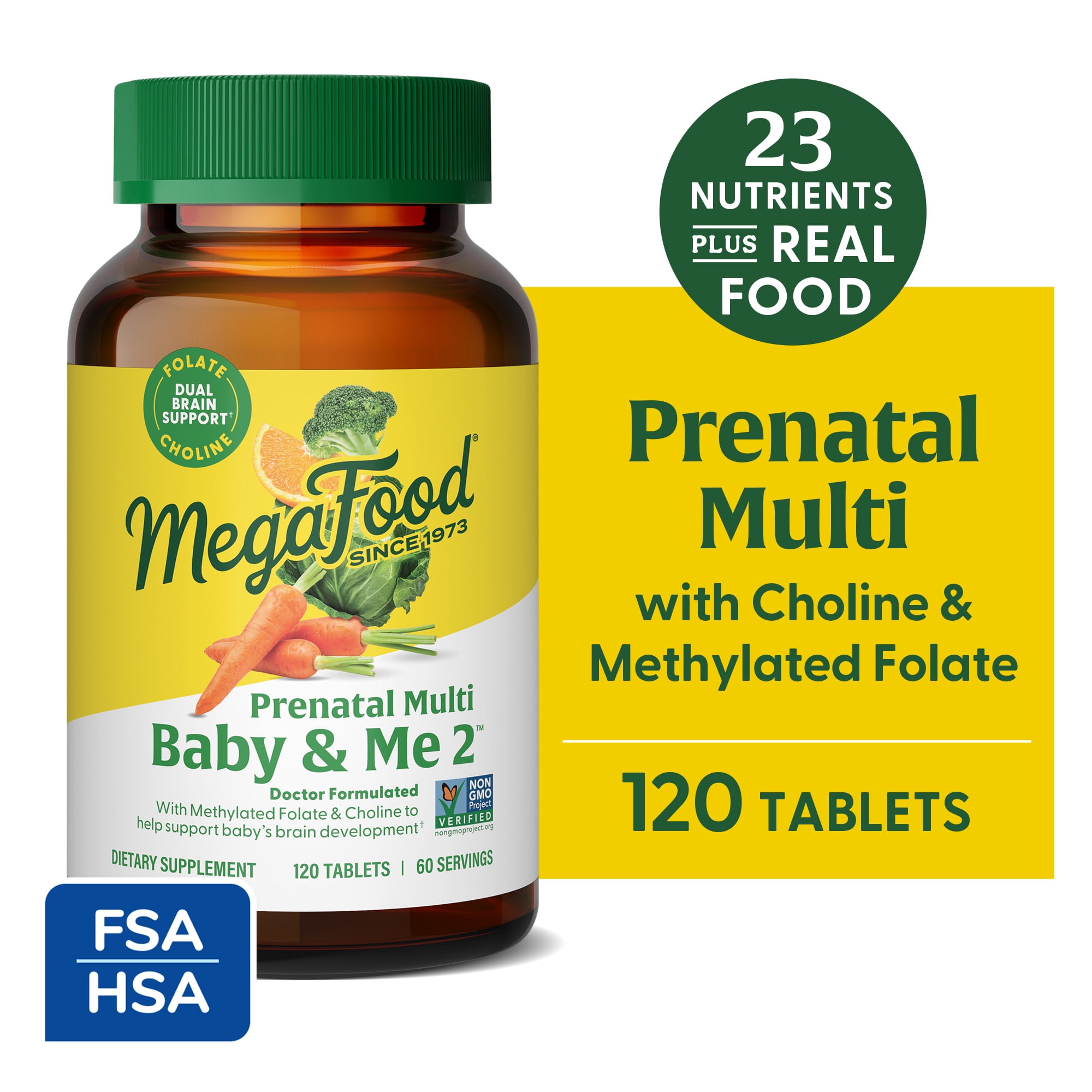 MegaFood Baby & Me 2 Prenatal Multi - Folate, Choline, Iron, Vitamins C & D3 - 60 Servings