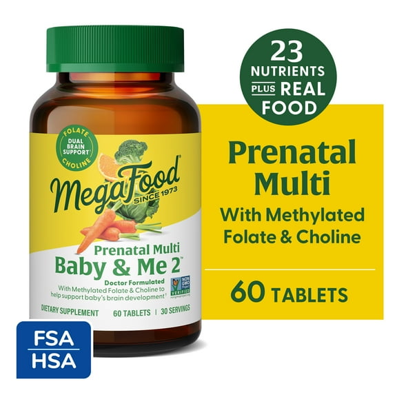 MegaFood Baby & Me 2 Prenatal Multi - Folate, Choline, Iron, Vitamins C & D3 - 30 Servings