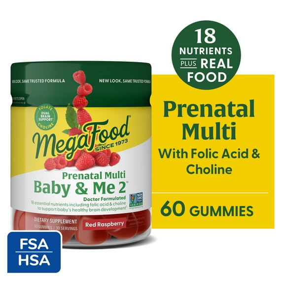 MegaFood Baby & Me 2 Prenatal Gummies - Folic Acid & Choline - Raspberry - 30 Servings