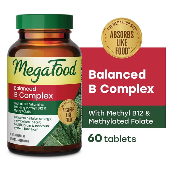 MegaFood Balanced B Complex - 8 B Vitamins - Vitamin B6 & B12 - Vegan - 60 Servings