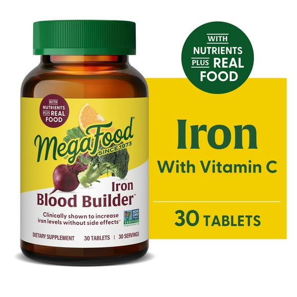 MegaFood Blood Builder Iron Supplement for Women - Vitamin C & B12 - Vegan - 30 Servings