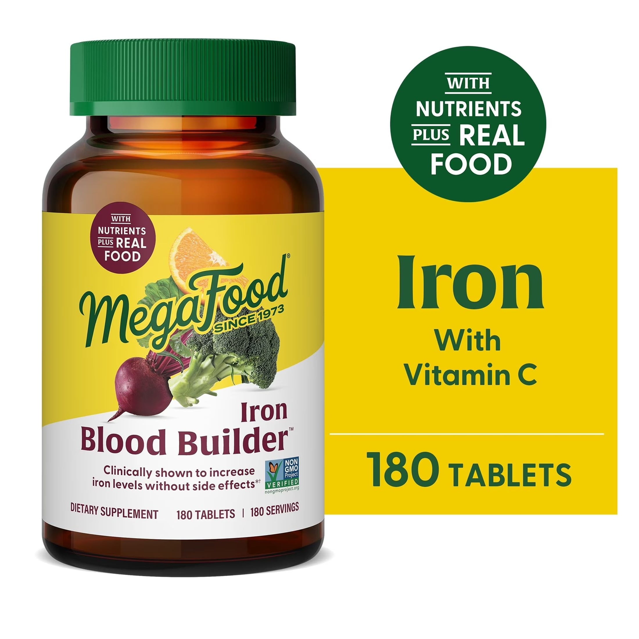 MegaFood Blood Builder Iron Supplement for Women - Vitamin C & B12 - Vegan - 180 Servings