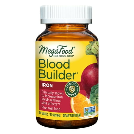MegaFood Blood Builder - Iron Supplement Clinically Shown to Increase Iron Levels without Side Effects - Energy Support with Iron, Vitamins C and B12, and Folic Acid - Vegan - 30 Tabs