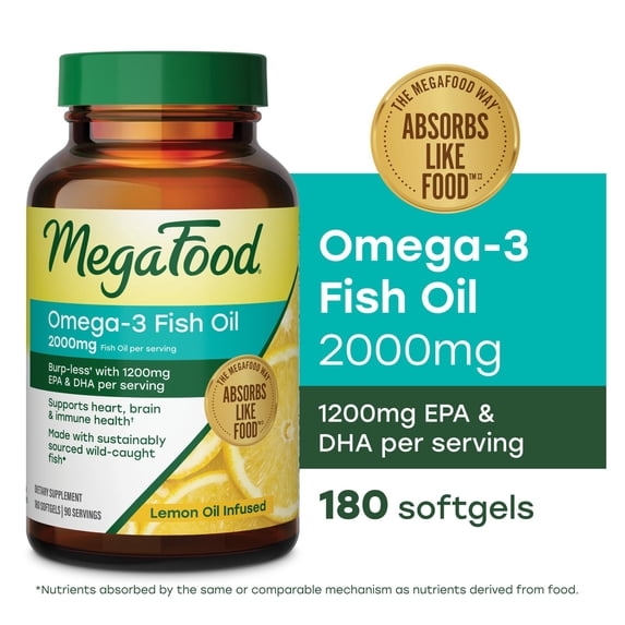 MegaFood Burp-less Omega 3 Fish Oil, Heart & Brain Support, 180 Softgels, 90 Servings