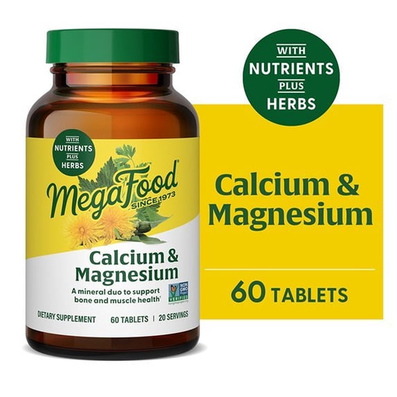 MegaFood Calcium & Magnesium - Fermented Glycinate - Bone & Heart Health - 20 Servings