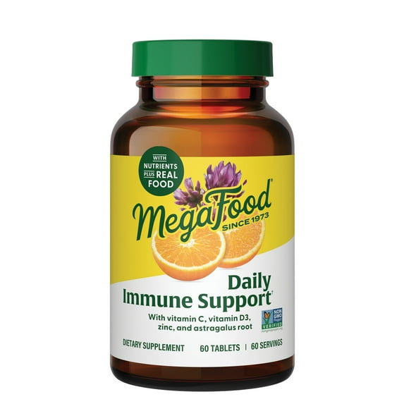 MegaFood Daily Immune Support - Vitamins C & D, Zinc & Astragalus - Non-GMO - 60 Servings