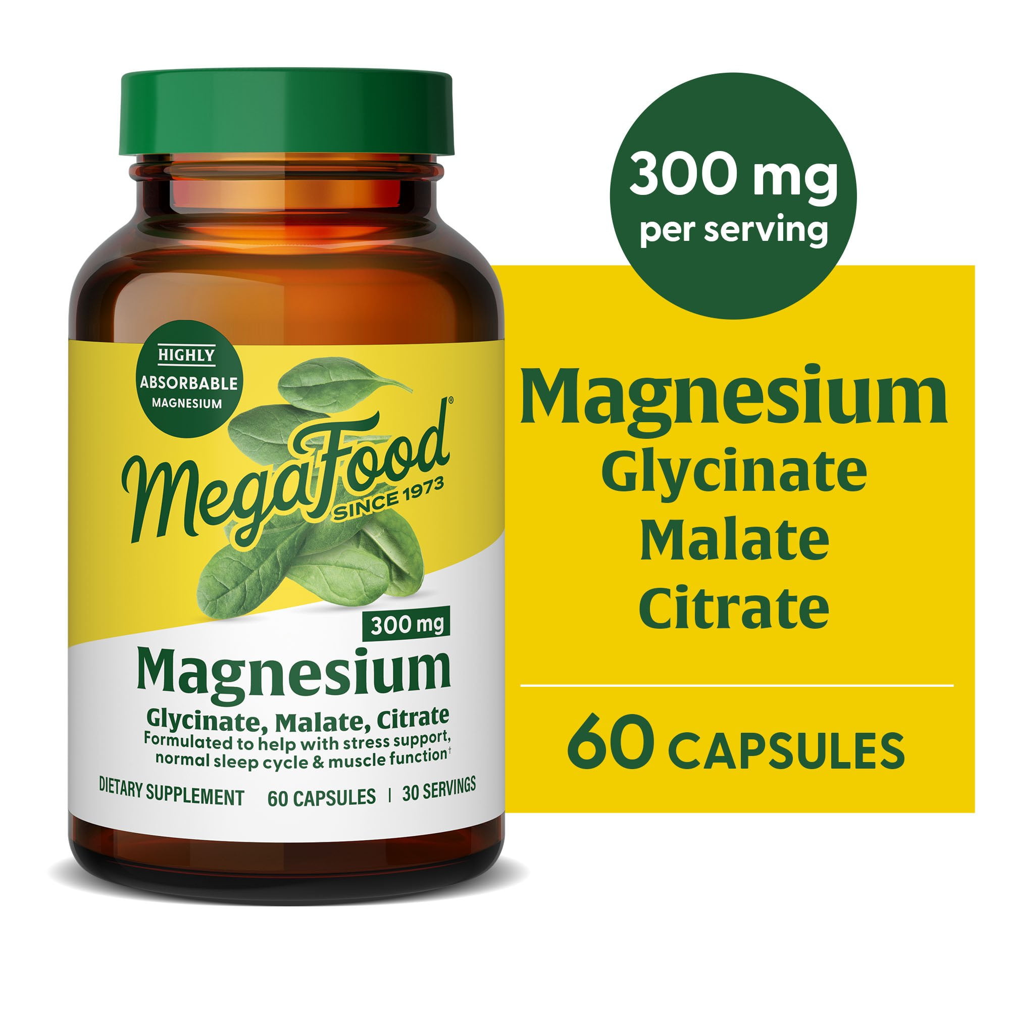 MegaFood Magnesium 300 mg - Glycinate, Citrate, Malate - Heart, Nerve Health - 30 Servings