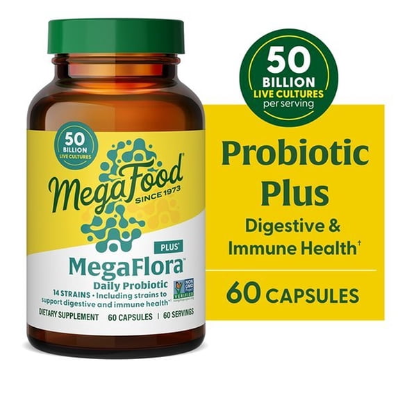 MegaFood MegaFlora Probiotic Plus - 50 Billion - Digestive & Immune Support - 60 Servings
