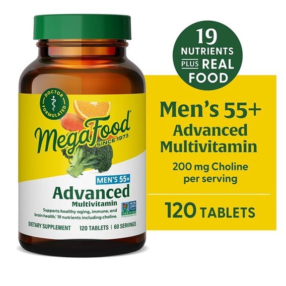 MegaFood Men's 55+ Multivitamin - Choline, Vitamins D3 & B12 - Brain Health - 60 Servings