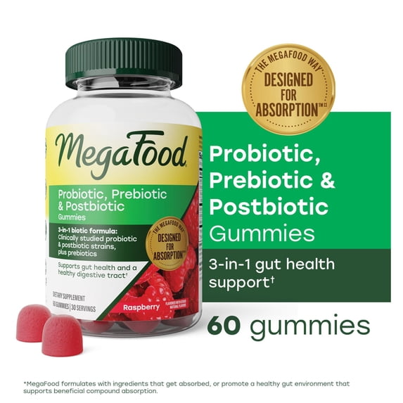 MegaFood Probiotic, Prebiotic & Postbiotic Gummies – Vegan – Raspberry - 30 servings