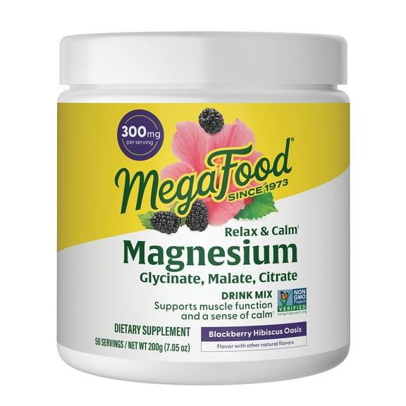 MegaFood Relax + Calm Magnesium Powder - Drink Mix - Blackberry Hibiscus - 50 Servings