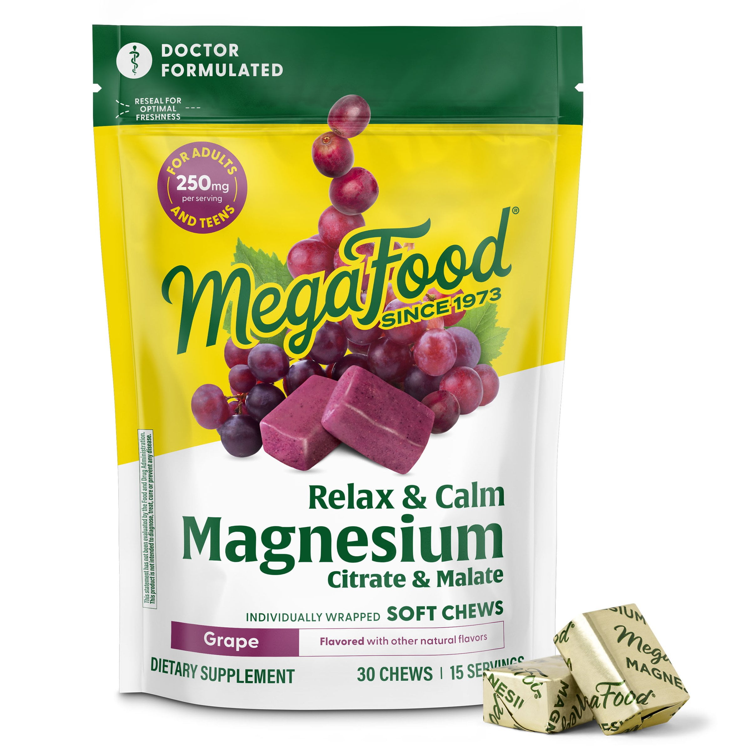 MegaFood Relax + Calm Magnesium Soft Chews - Citrate & Malate - Grape Flavor - 15 Servings