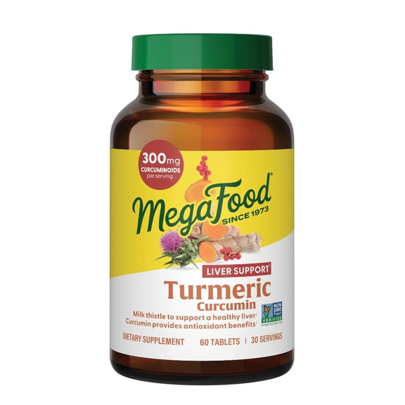 MegaFood Turmeric Curcumin Liver Support With Black Pepper, Vegan, 60 Tablets, 30 Servings