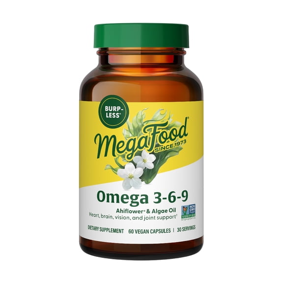MegaFood Vegan Omega 3 6 9 - Burp-less - Heart, Brain, Vision, Joint Support - 30 Servings