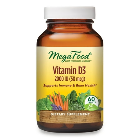 MegaFood, Vitamin D3 2000 IU, Immune and Bone Health Support, Vitamin and Dietary Supplement, Gluten Free, Vegetarian, 60 Tablets (60 Servings)