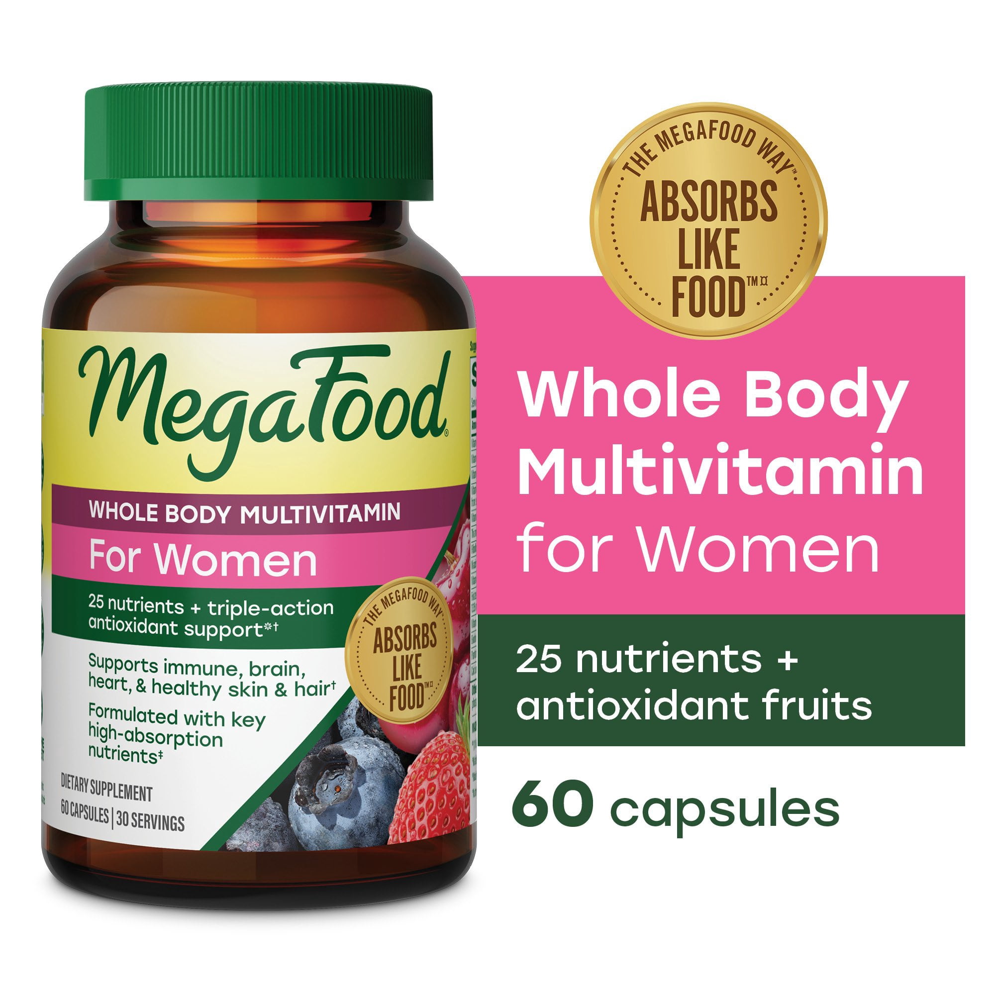 MegaFood Whole Body Women's Multivitamin Multivitamin for Women Vitamin D3 K2, Magnesium Citrate, Folate, Biotin, Iron Brain, Heart, Skin & Hair & Immune Support 60 Capsules, 30 servings
