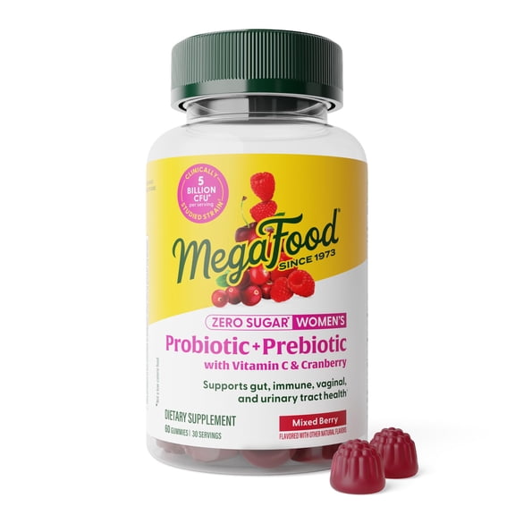 MegaFood Womens Probiotic + Prebiotic Gummies - Zero Sugar Prebiotics and Probiotics For Women - Vitamin C & Cranberry - Supports Immune, Vaginal & Gut Health - 60 Vegan Berry Gummies, 30 Servings