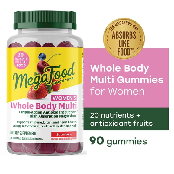 MegaFood Womens Whole Body Multivitamin Gummies - Multivitamin For Women - Vitamin C, Magnesium Citrate, Vitamin D3, Folate, Biotin & Zinc - Brain, Heart & Immune Support - 90 Gummies, 30 Servings