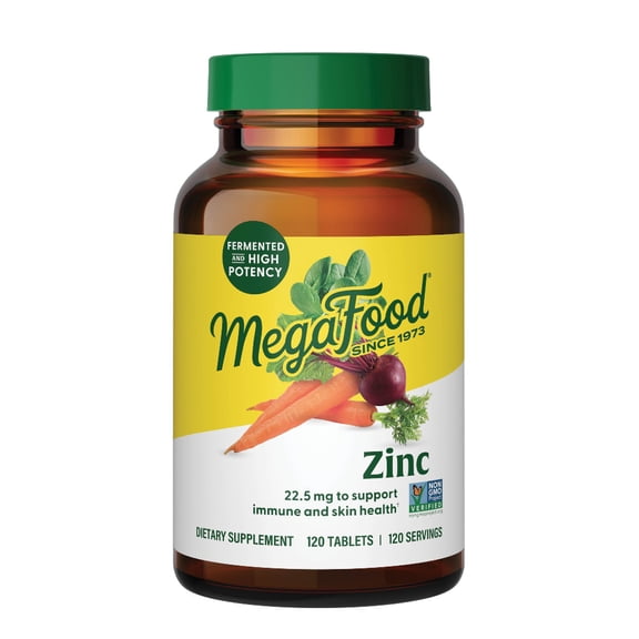 MegaFood Zinc Supplements - Vegan Immune Support Supplement with 22.5 mg High Potency Fermented Zinc - Made with Real Food - Gluten-Free, Kosher - 120 Tablets, 120 Servings
