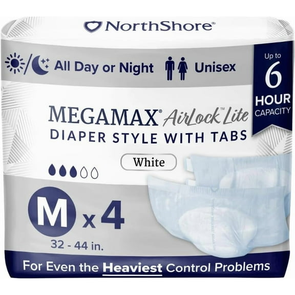 MegaMax  Lite Breathable 6-Hour Tab-Style Adult Diapers, Medium, Starter Pack of 4, White, 32-44 inches, Unisex Underwear