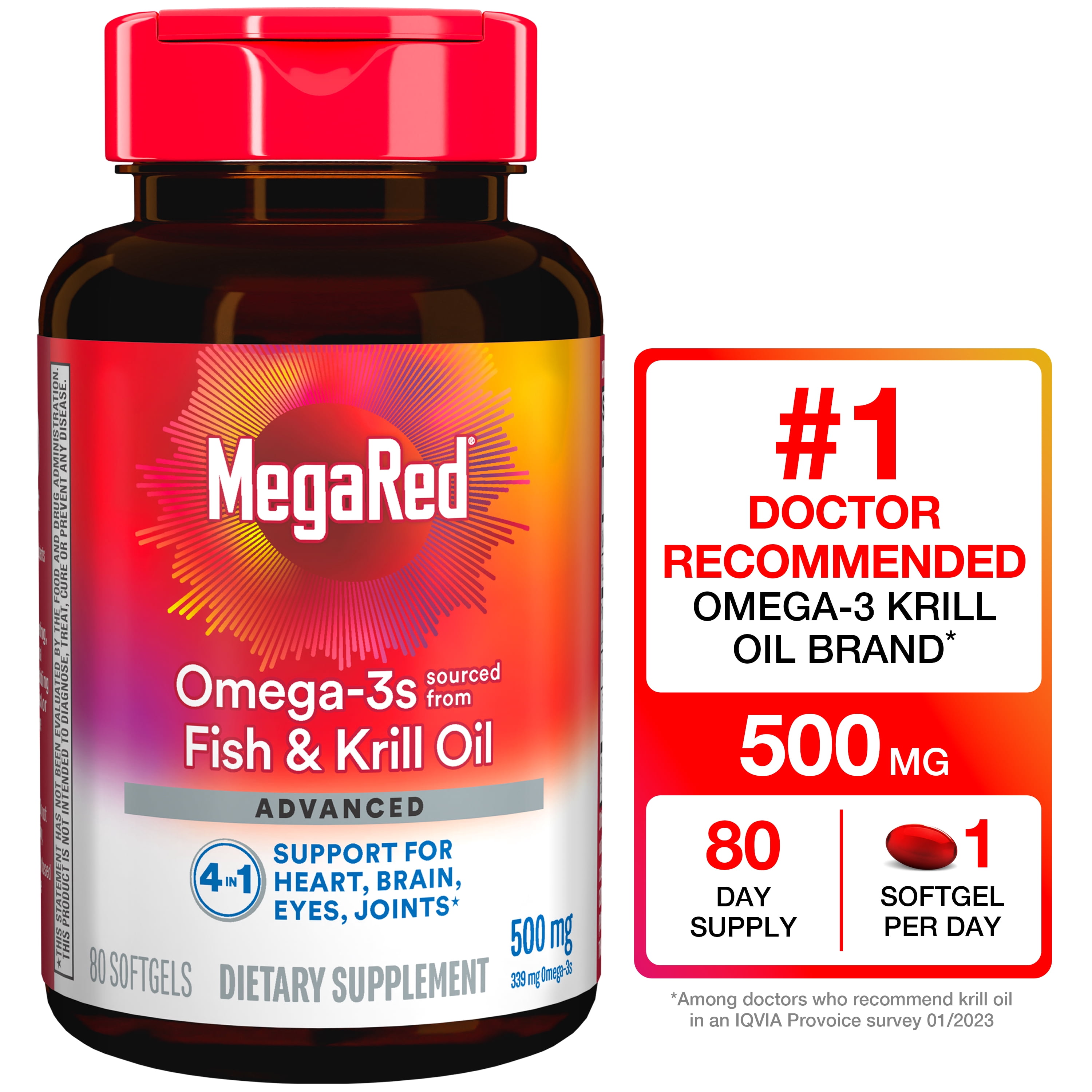 MegaRed Advanced 4in1 500mg Omega-3 Fish Krill Oil Supplements, Heart Brain Eyes Joints Health, 80 Softgels