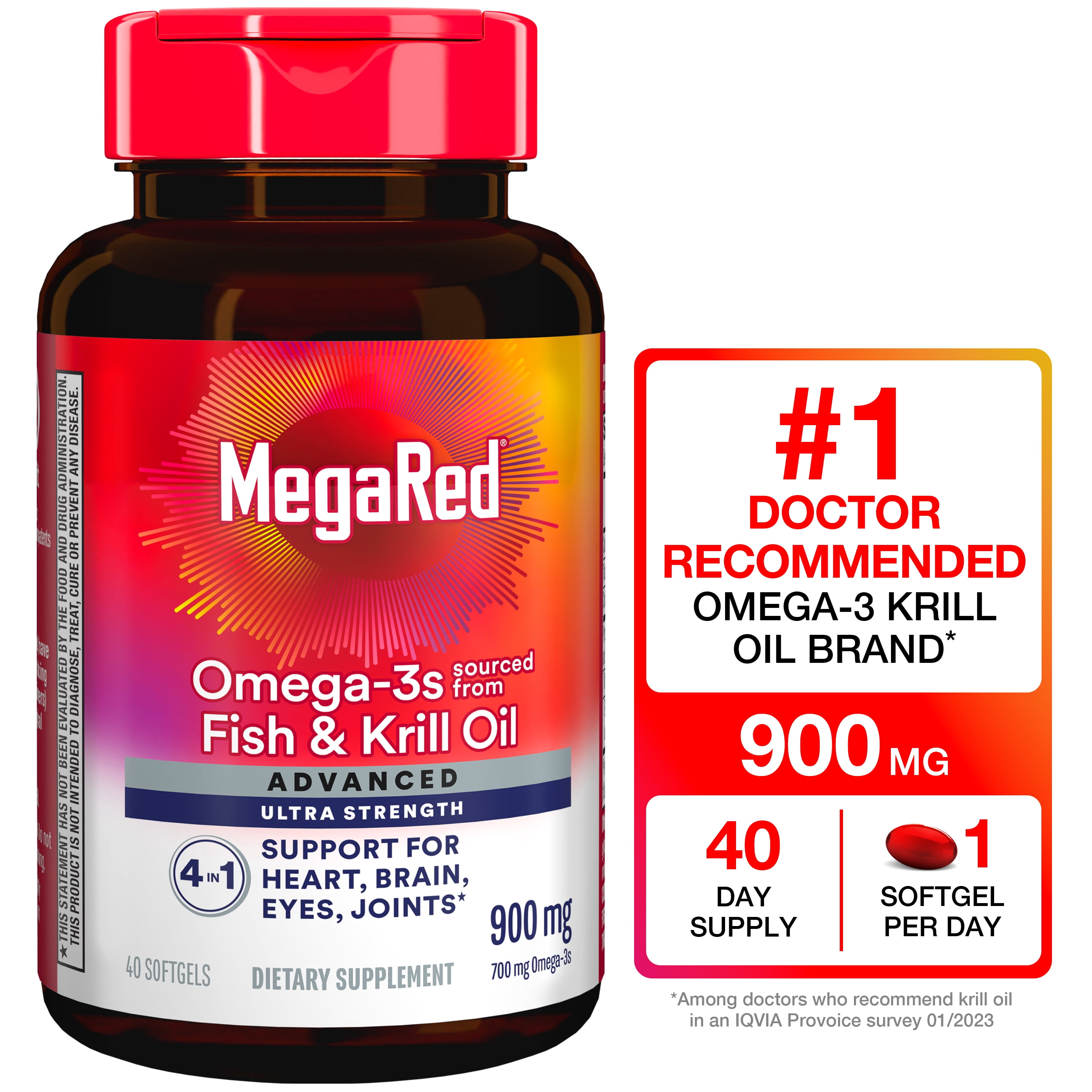 MegaRed Advanced 4in1 900mg Omega-3 Fish Krill Oil Supplements, Heart Brain Eyes Joints Health, 40 Softgels