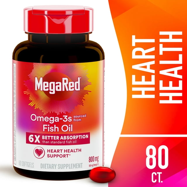 MegaRed Advanced 800mg 6X Absorption Softgels (80 Count In A Box), Omega-3 Fish Oil Supplement
