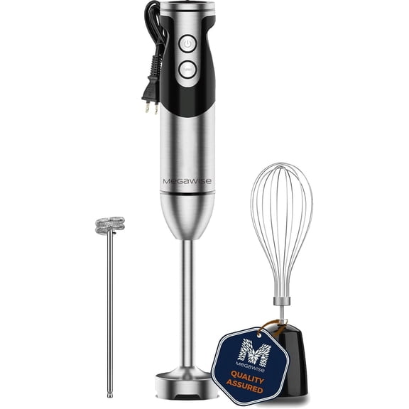 MegaWise Pro Titanium Reinforced 3-in-1 Immersion Hand Blender, Powerful Copper Motor with 80% Sharper Blades, 12-Speed Corded Including Dish Washer Safe Whisk and Milk Frother